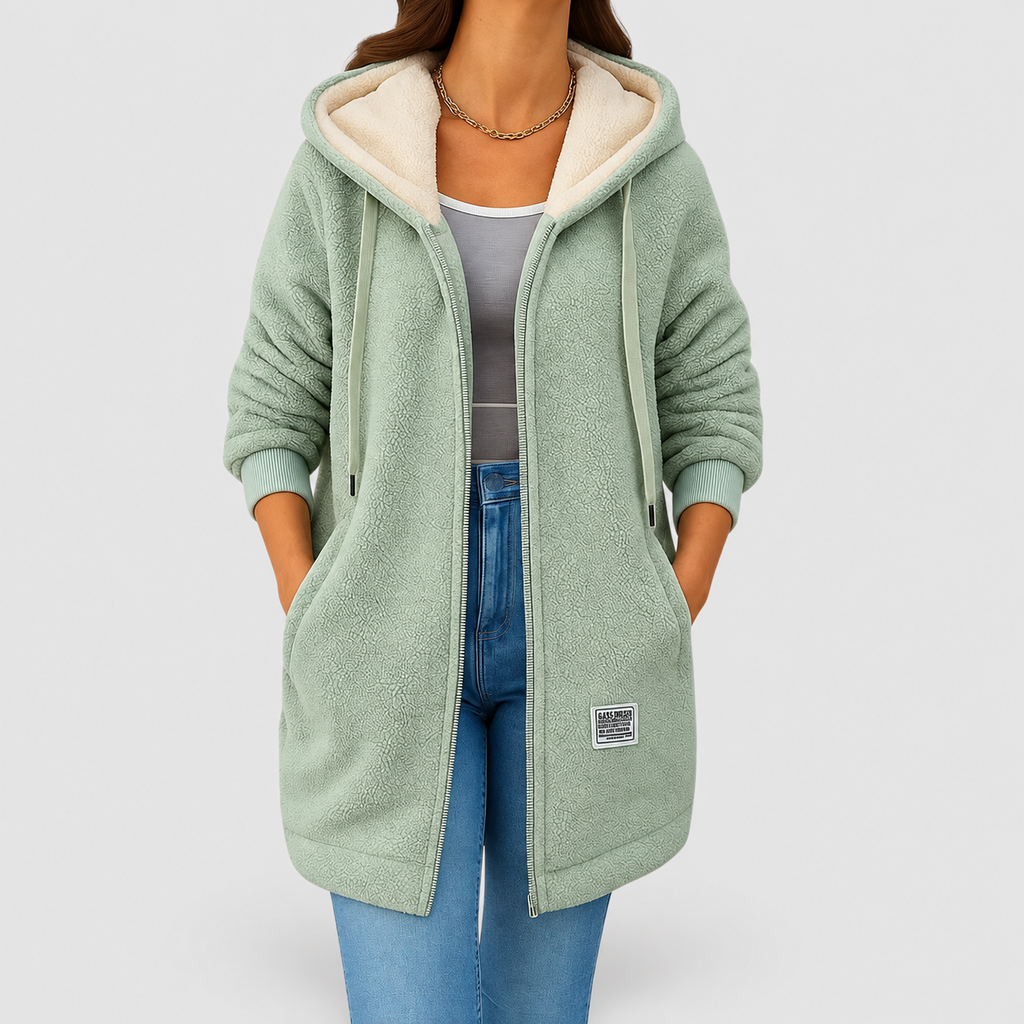 Women's Longline Wool-Effect Sherpa Hooded Jacket in Green — view 2