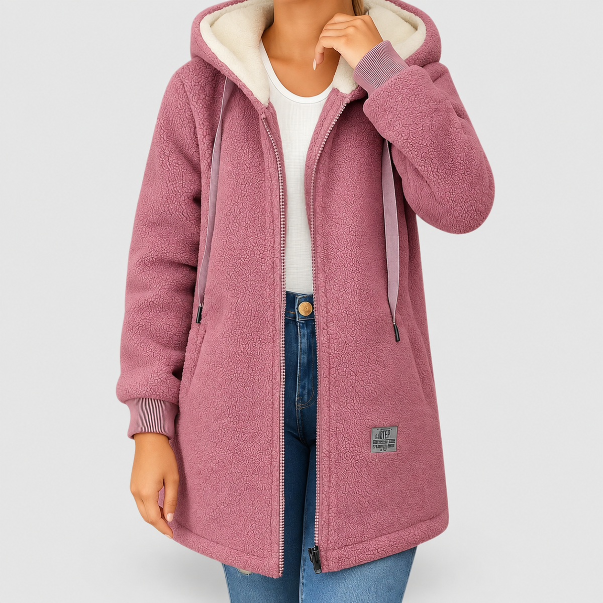 Women's Longline Wool-Effect Sherpa Hooded Jacket in Pink — view 3