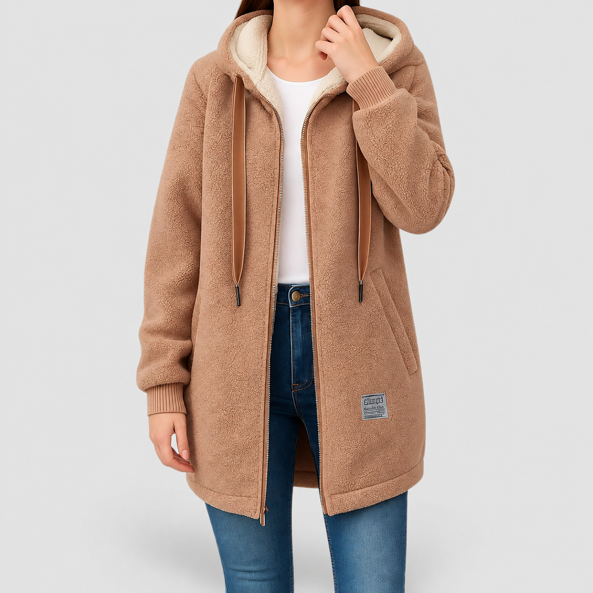 Women's Longline Wool-Effect Sherpa Hooded Jacket in Brown — view 4
