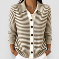 Women's Striped Collared Button Cardigan in Brown — view 1