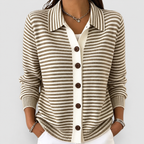 Women's Striped Collared Button Cardigan in Brown — view 1