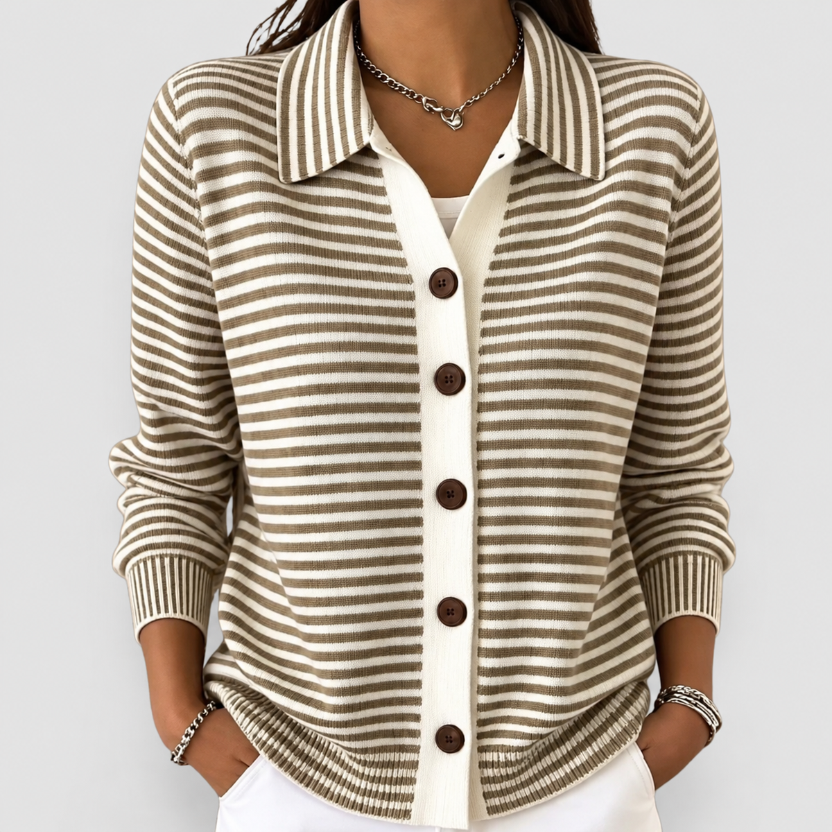 Women's Striped Collared Button Cardigan in Brown — view 1