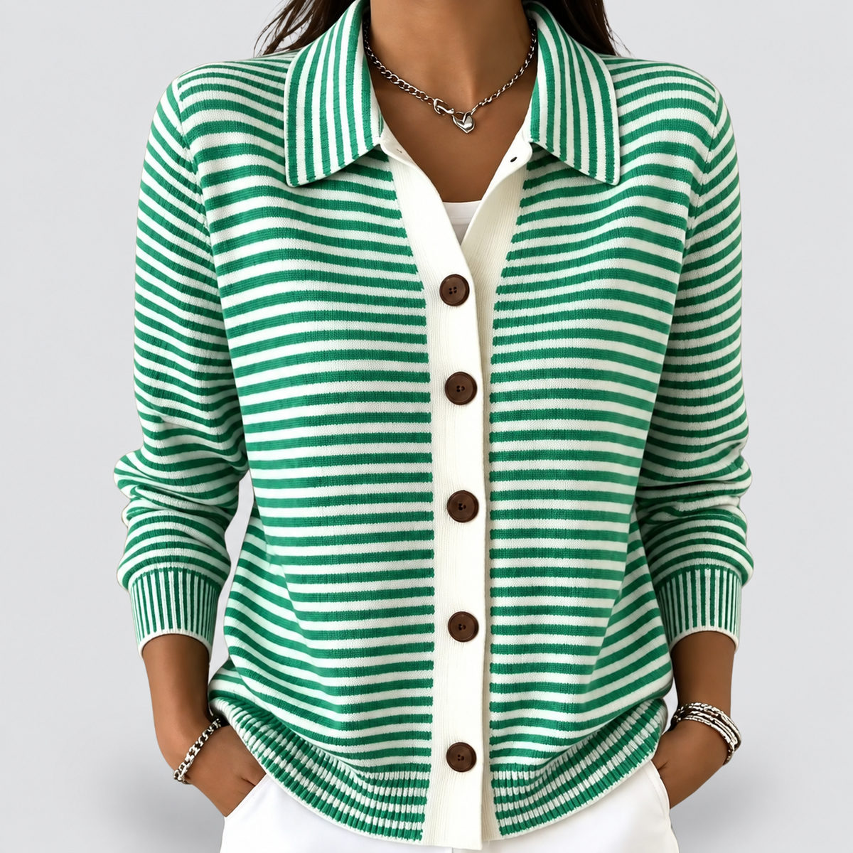 Women's Striped Collared Button Cardigan in Green — view 2