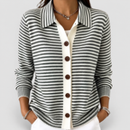 Women's Striped Collared Button Cardigan in Black — view 3