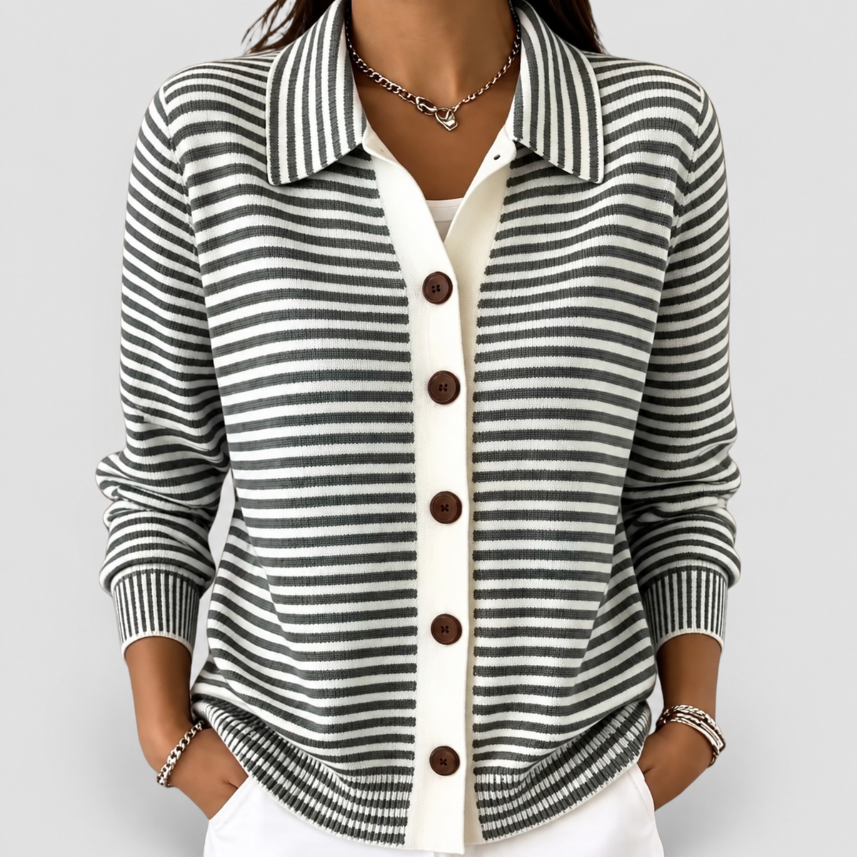 Women's Striped Collared Button Cardigan in Black — view 3