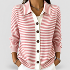 Women's Striped Collared Button Cardigan in Pink — view 4