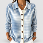 Women's Striped Collared Button Cardigan in Light Blue — view 5