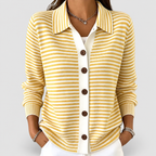 Women's Striped Collared Button Cardigan in Yellow — view 6