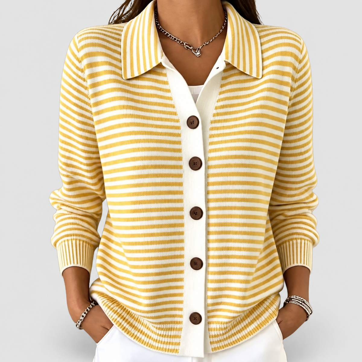 Women's Striped Collared Button Cardigan in Yellow — view 6