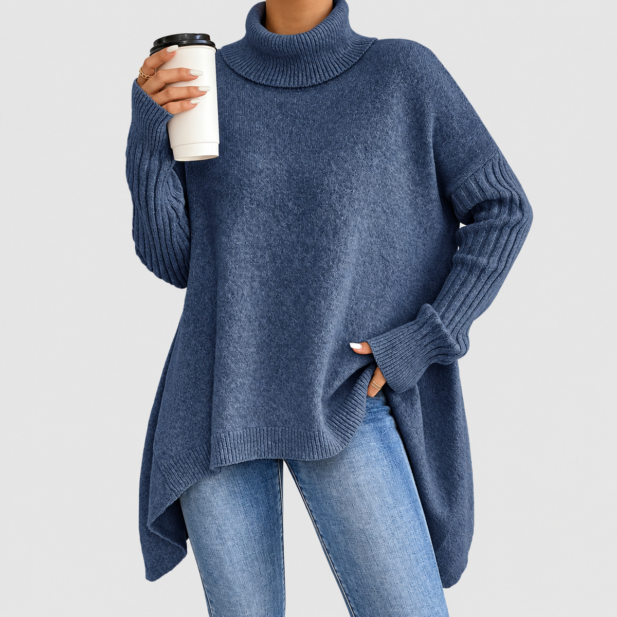 Women's Oversized Asymmetric High-Low Roll-Neck Jumper in Ocean Blue — view 1