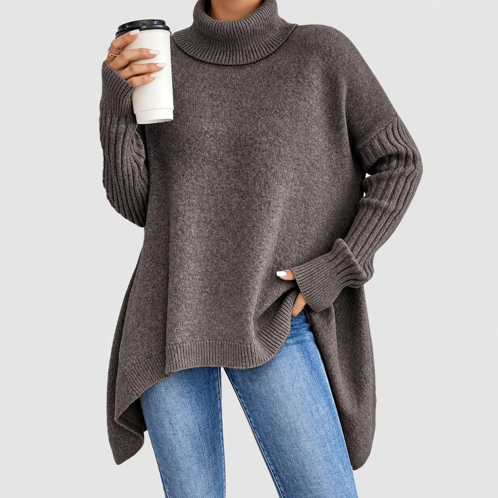Women's Oversized Asymmetric High-Low Roll-Neck Jumper in Espresso Brown — view 3