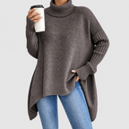 Women's Oversized Asymmetric High-Low Roll-Neck Jumper in Espresso Brown — view 3