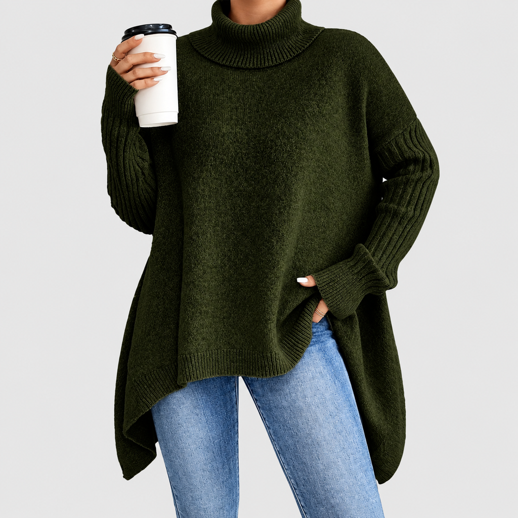 Women's Oversized Asymmetric High-Low Roll-Neck Jumper in Pine Green — view 4
