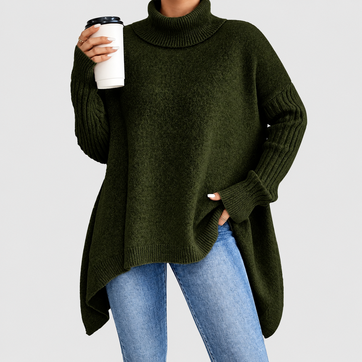 Women's Oversized Asymmetric High-Low Roll-Neck Jumper in Pine Green — view 4