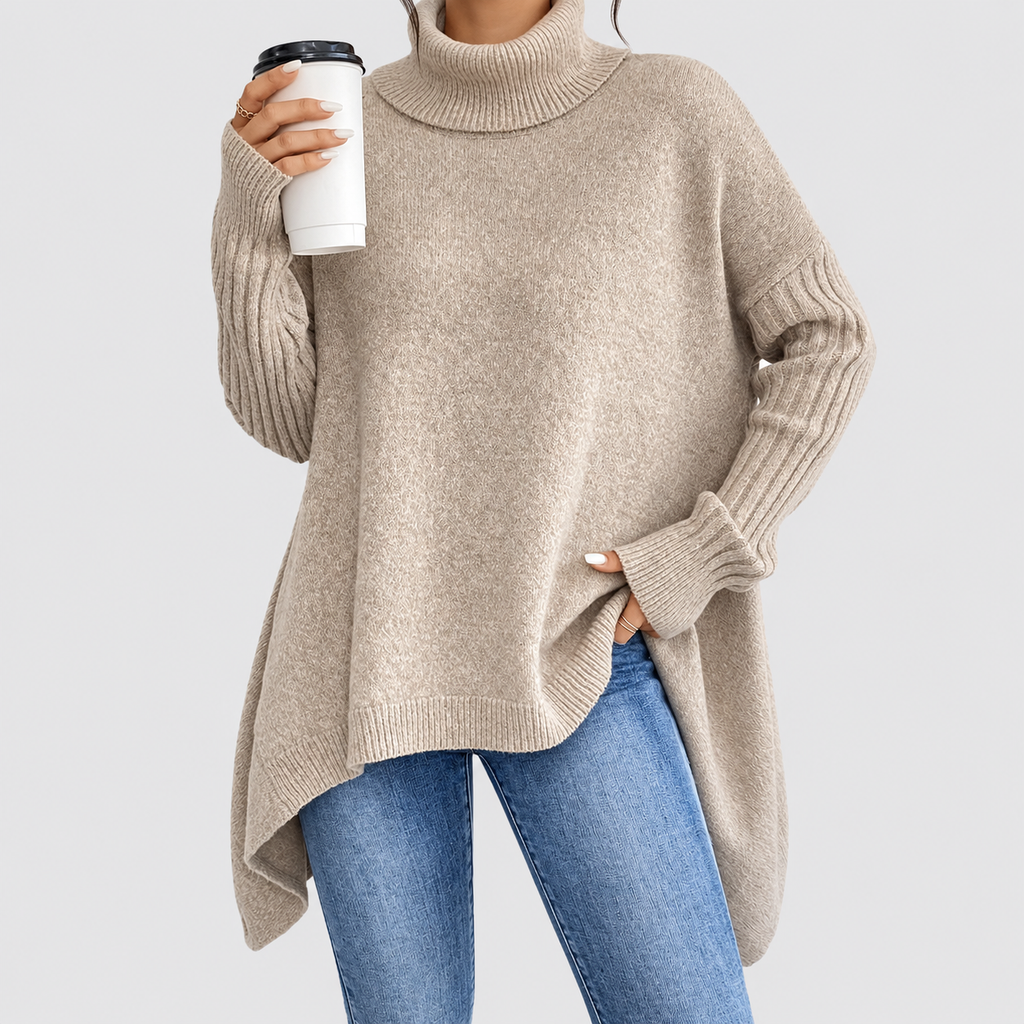 Women's Oversized Asymmetric High-Low Roll-Neck Jumper in Desert Khaki — view 5
