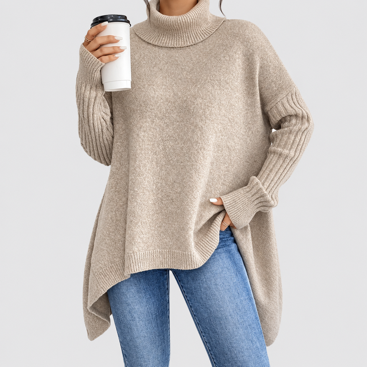 Women's Oversized Asymmetric High-Low Roll-Neck Jumper in Desert Khaki — view 5