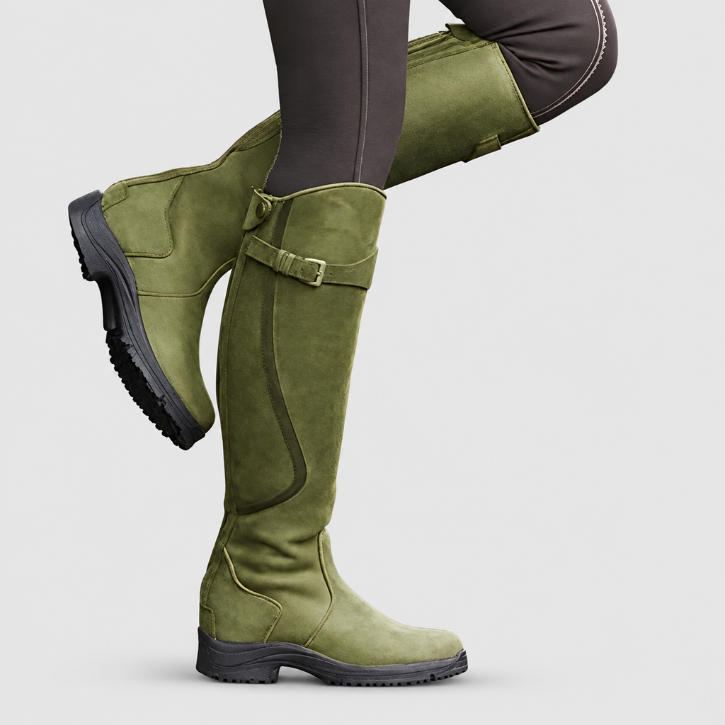 Women's Leather-Look Knee-High Boots with Buckle Detail in Green — view 6