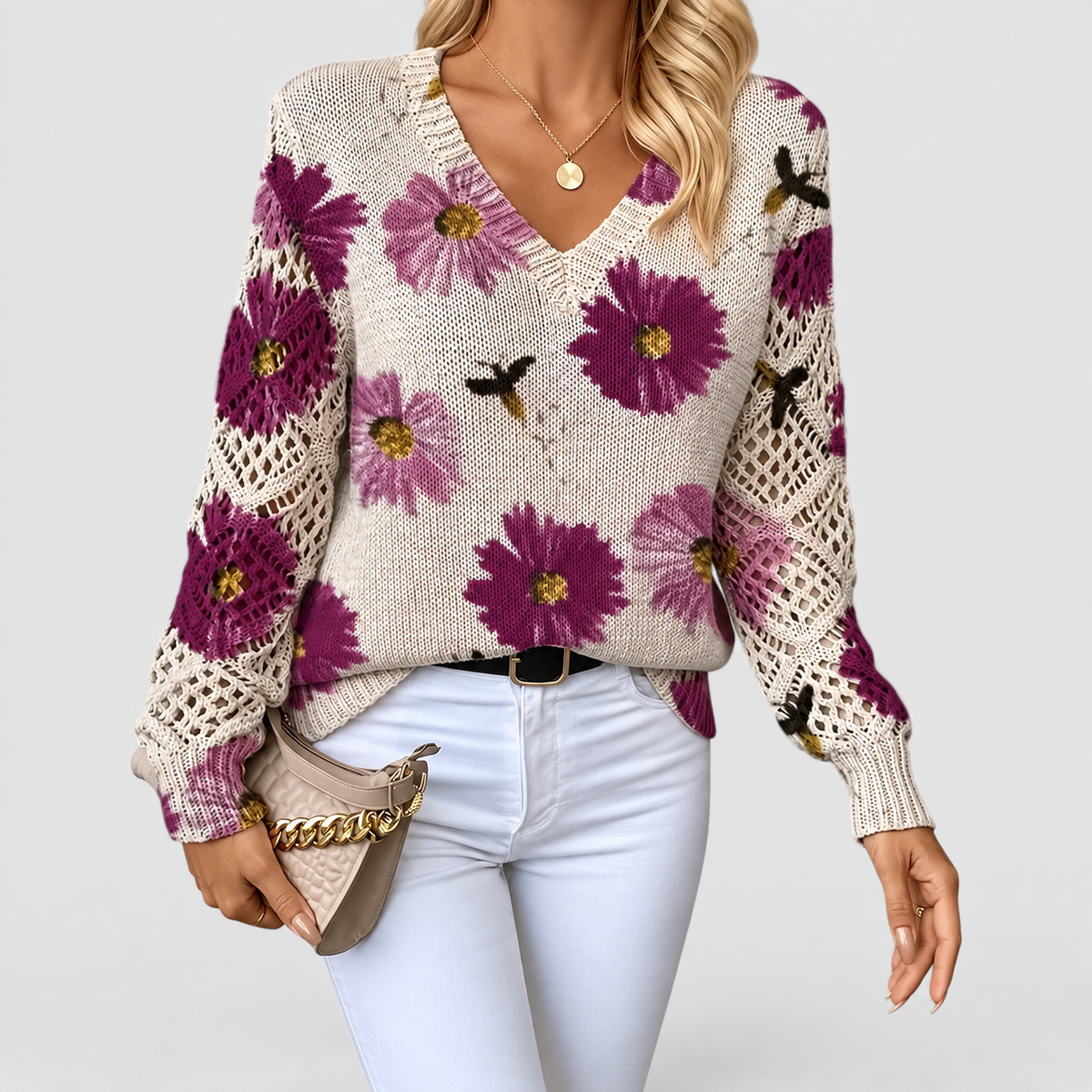 Women's V-Neck Printed Long-Sleeve Jumper in Purple — view 4