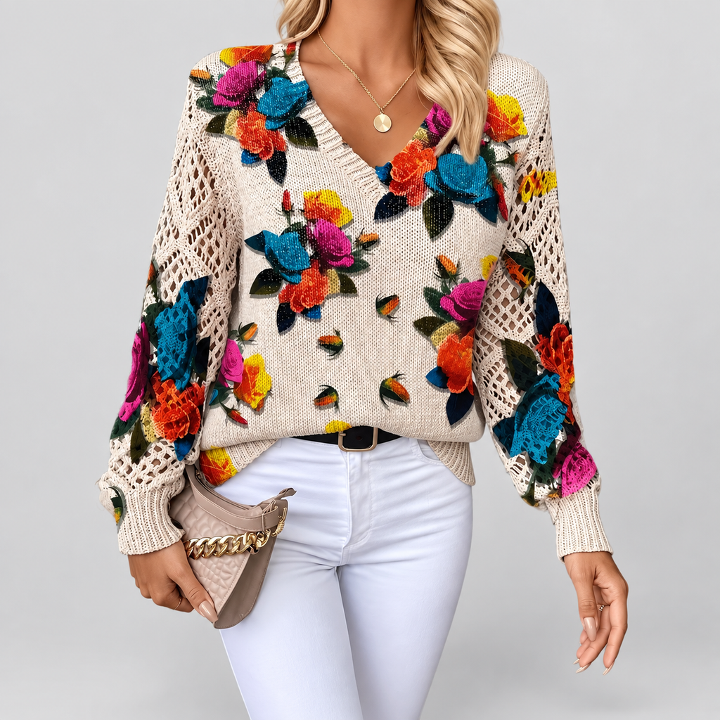 Women's V-Neck Printed Long-Sleeve Jumper in Red/Blue — view 5