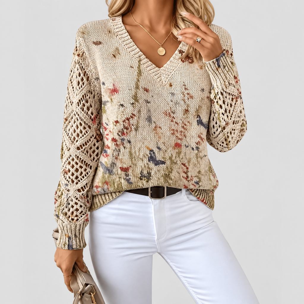 Women's V-Neck Printed Long-Sleeve Jumper in Beige — view 6