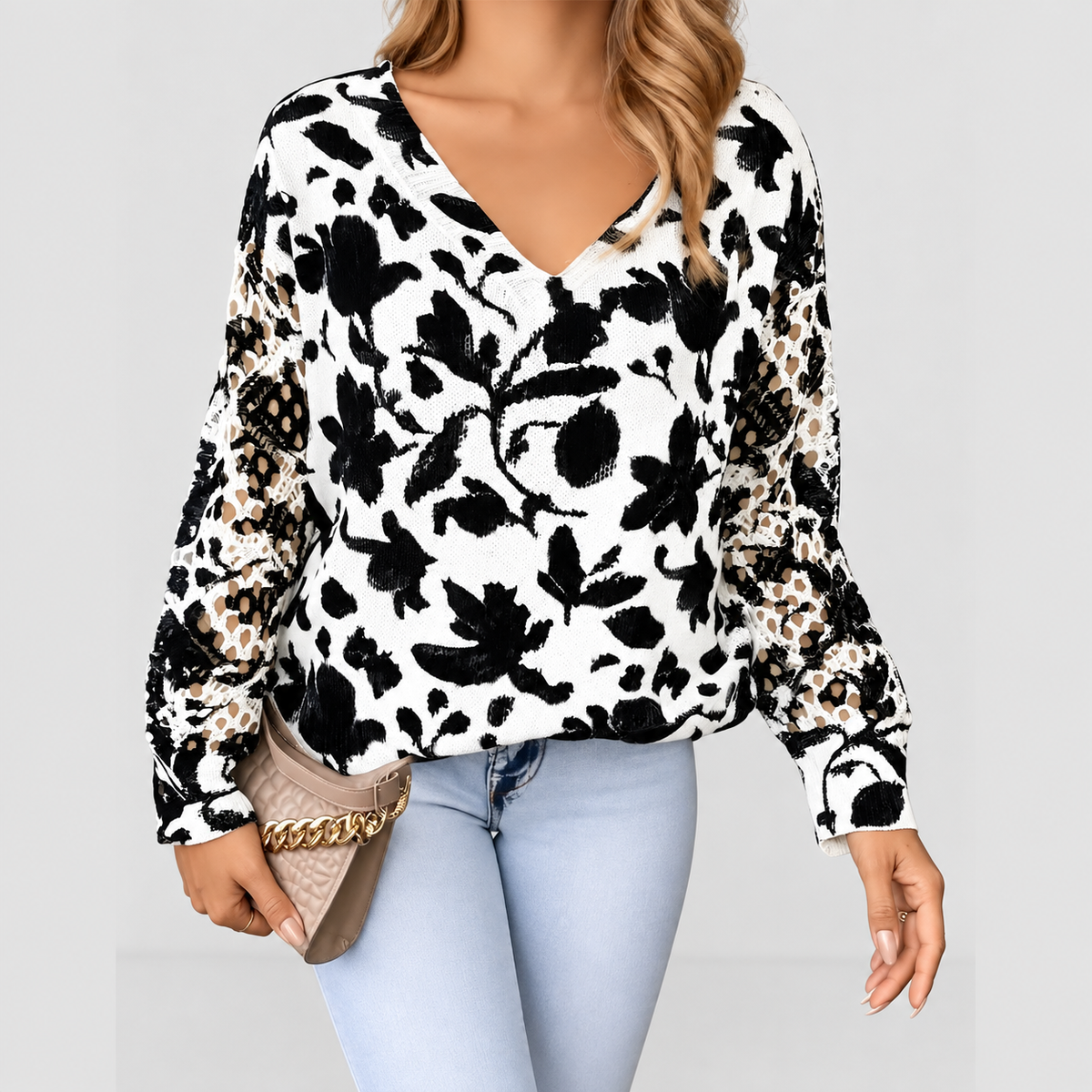 Women's V-Neck Printed Long-Sleeve Jumper in Black/White — view 7