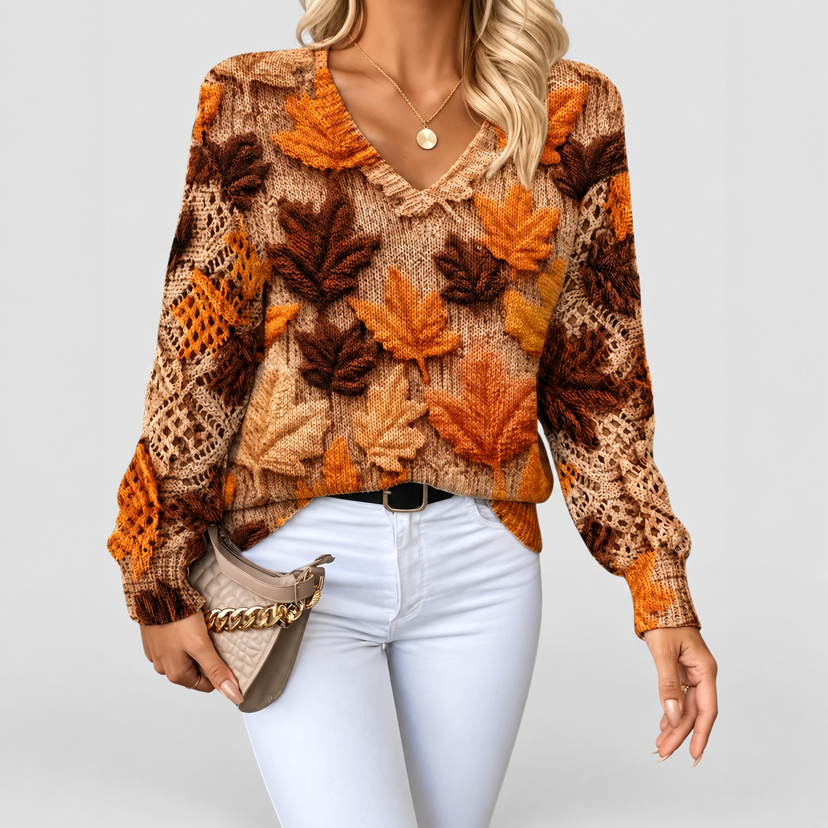 Women's V-Neck Printed Long-Sleeve Jumper in Orange — view 8