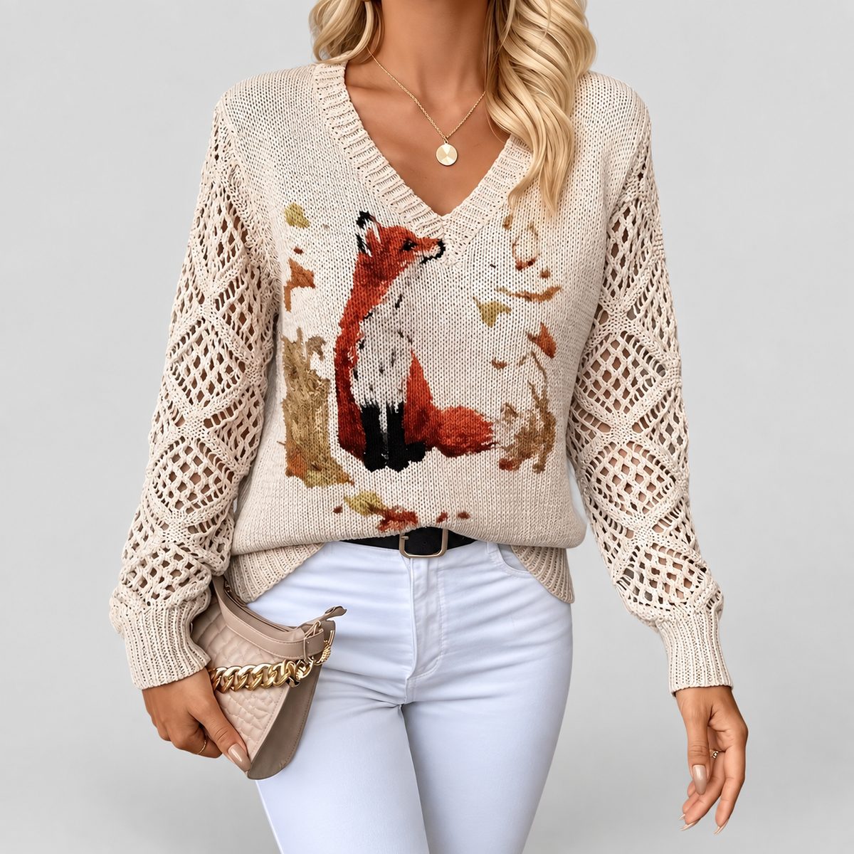 Women's V-Neck Printed Long-Sleeve Jumper in Khaki — view 10