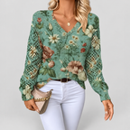 Women's V-Neck Printed Long-Sleeve Jumper in Green — view 11