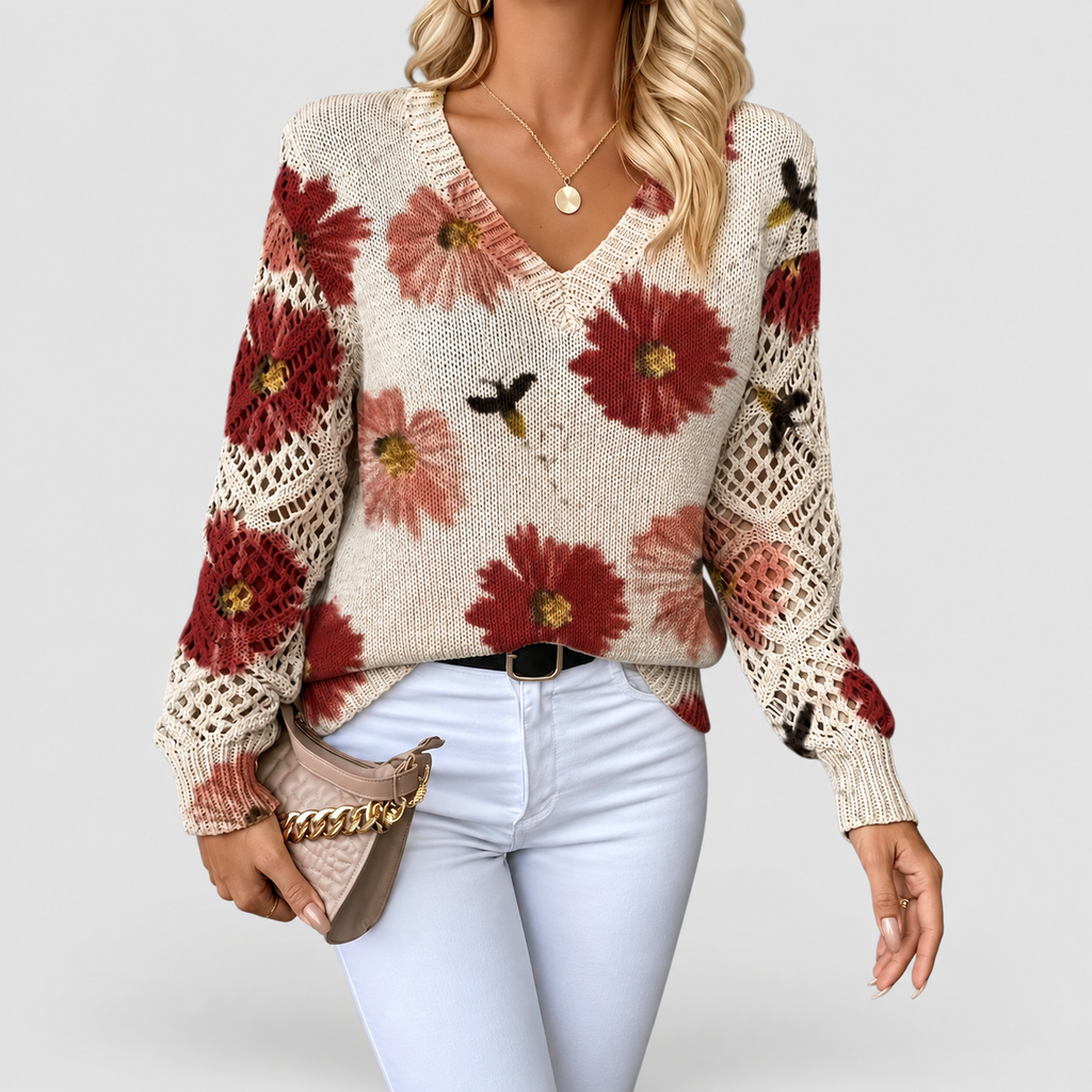 Women's V-Neck Printed Long-Sleeve Jumper in Red — view 14