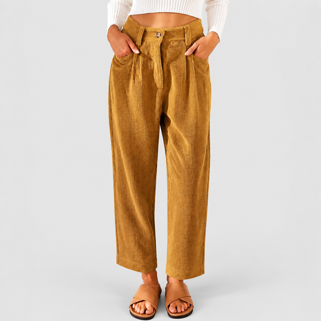 Women's High-Waist Corduroy Trousers with Pleated Front — view 3