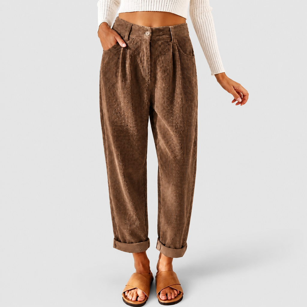 Women's High-Waist Corduroy Trousers with Pleated Front in Brown — view 4