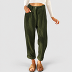 Women's High-Waist Corduroy Trousers with Pleated Front in Green — view 6