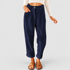 Women's High-Waist Corduroy Trousers with Pleated Front in Blue — view 7
