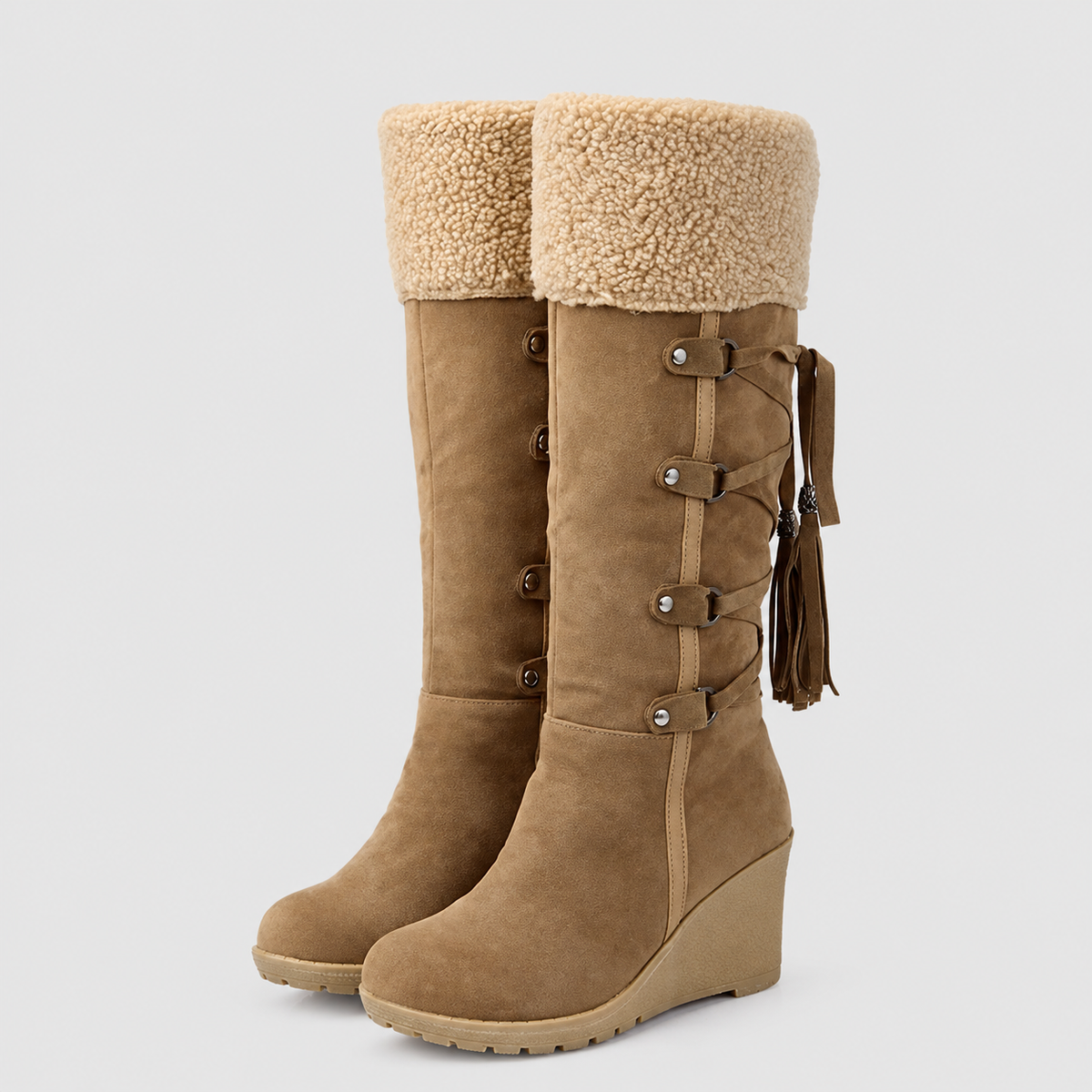 Women's Wedge Knee-High Boots with Plush Cuff in Brown — view 1