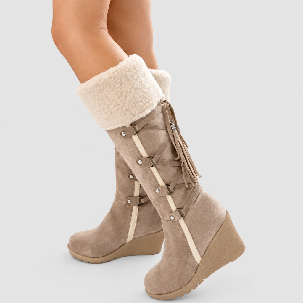 Women's Wedge Knee-High Boots with Plush Cuff in Beige — view 2