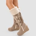 Women's Wedge Knee-High Boots with Plush Cuff in Beige — view 2