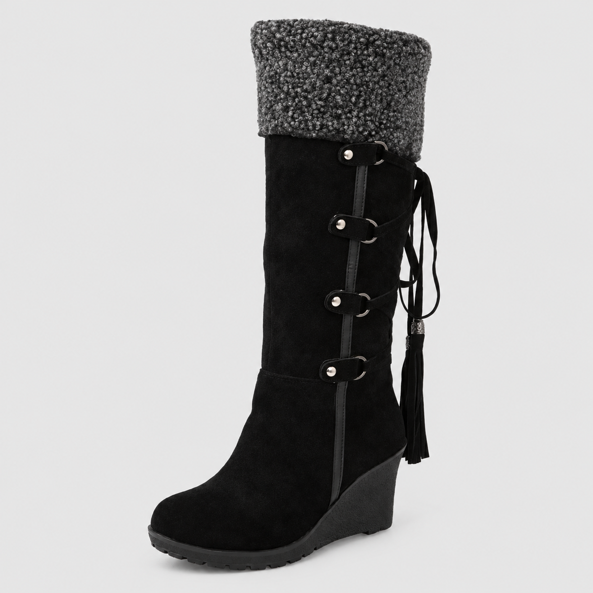 Women's Wedge Knee-High Boots with Plush Cuff in Black — view 4