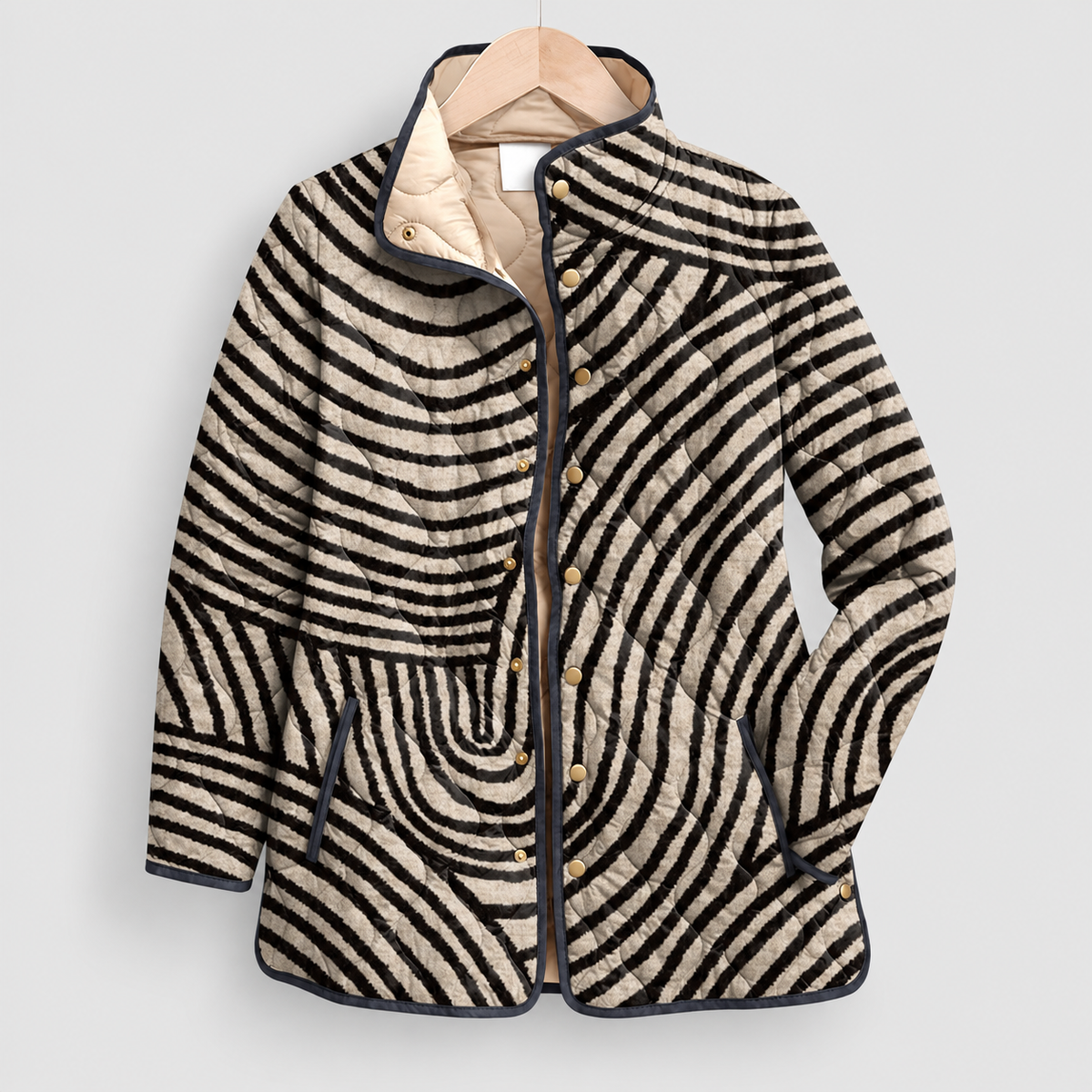 Women's Quilted Print Jacket with Stand Collar in Beige-Black — view 4