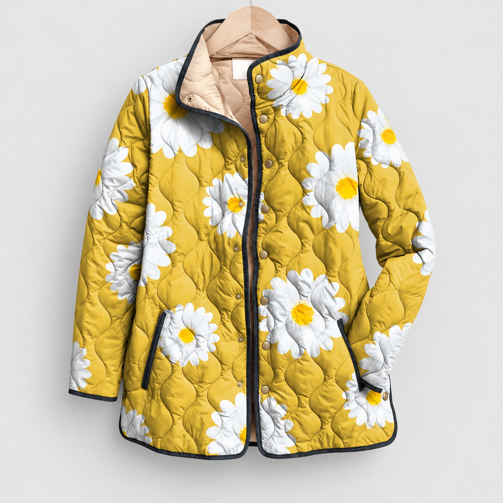 Women's Quilted Print Jacket with Stand Collar in Yellow — view 5