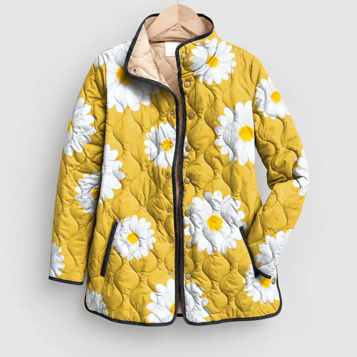 Women's Quilted Print Jacket with Stand Collar in Yellow — view 5