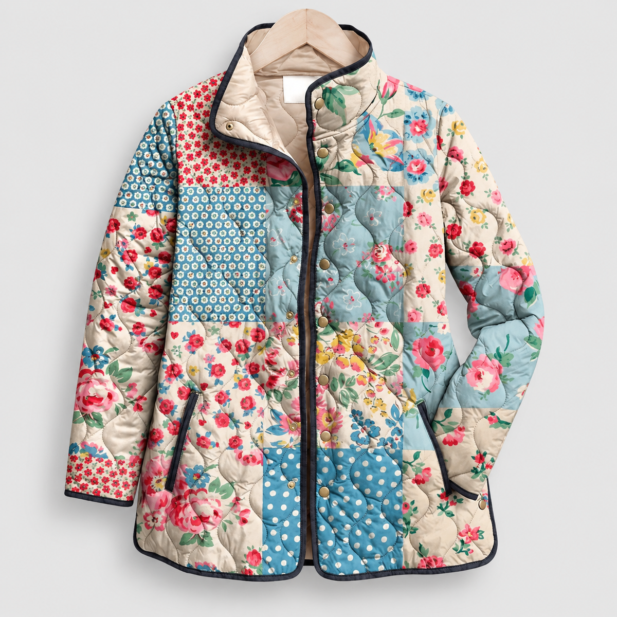 Women's Quilted Print Jacket with Stand Collar in Blue-Floral Red — view 6