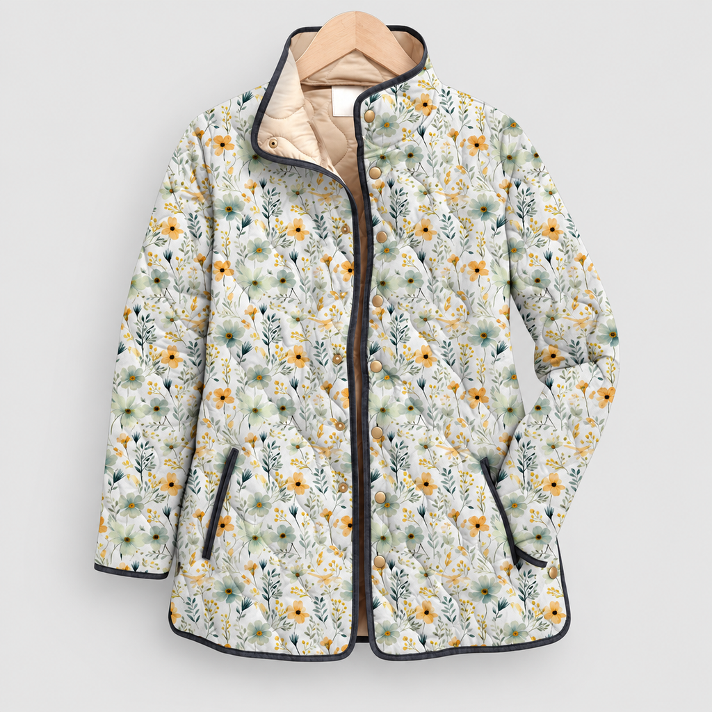 Women's Quilted Print Jacket with Stand Collar in White-Floral Yellow — view 7