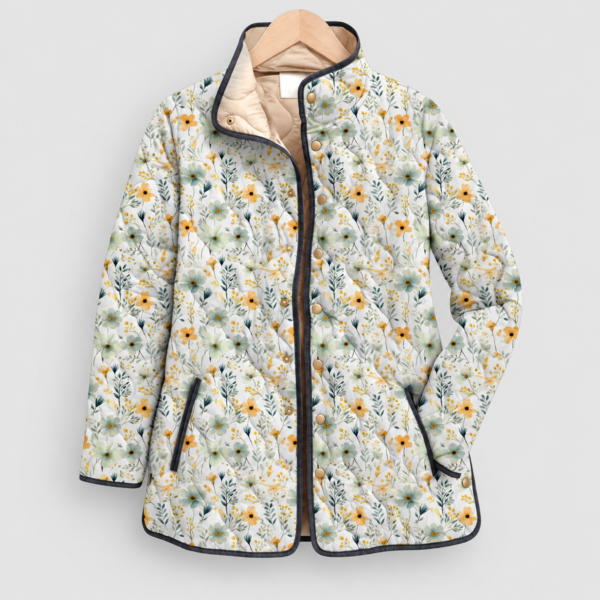 Women's Quilted Print Jacket with Stand Collar in White-Floral Yellow — view 7