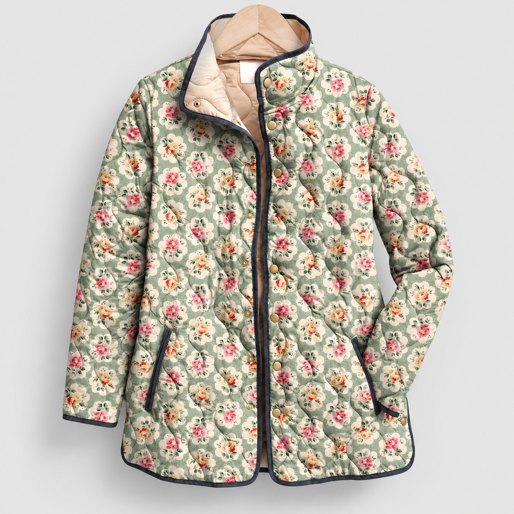 Women's Quilted Print Jacket with Stand Collar in Light Green-Floral — view 8