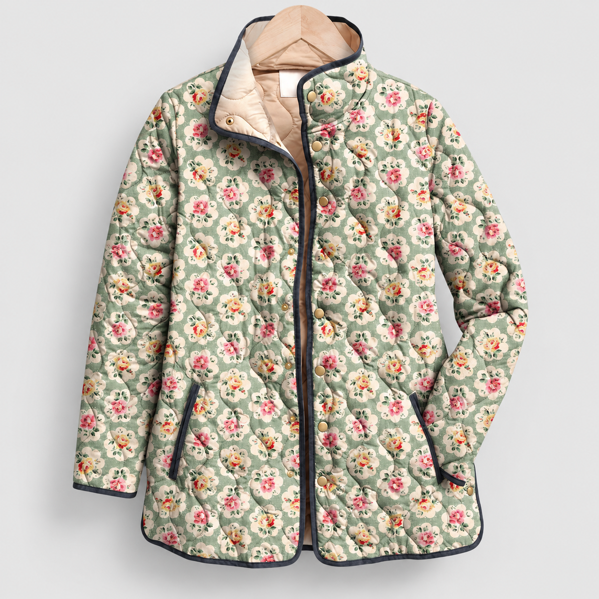 Women's Quilted Print Jacket with Stand Collar in Light Green-Floral — view 8