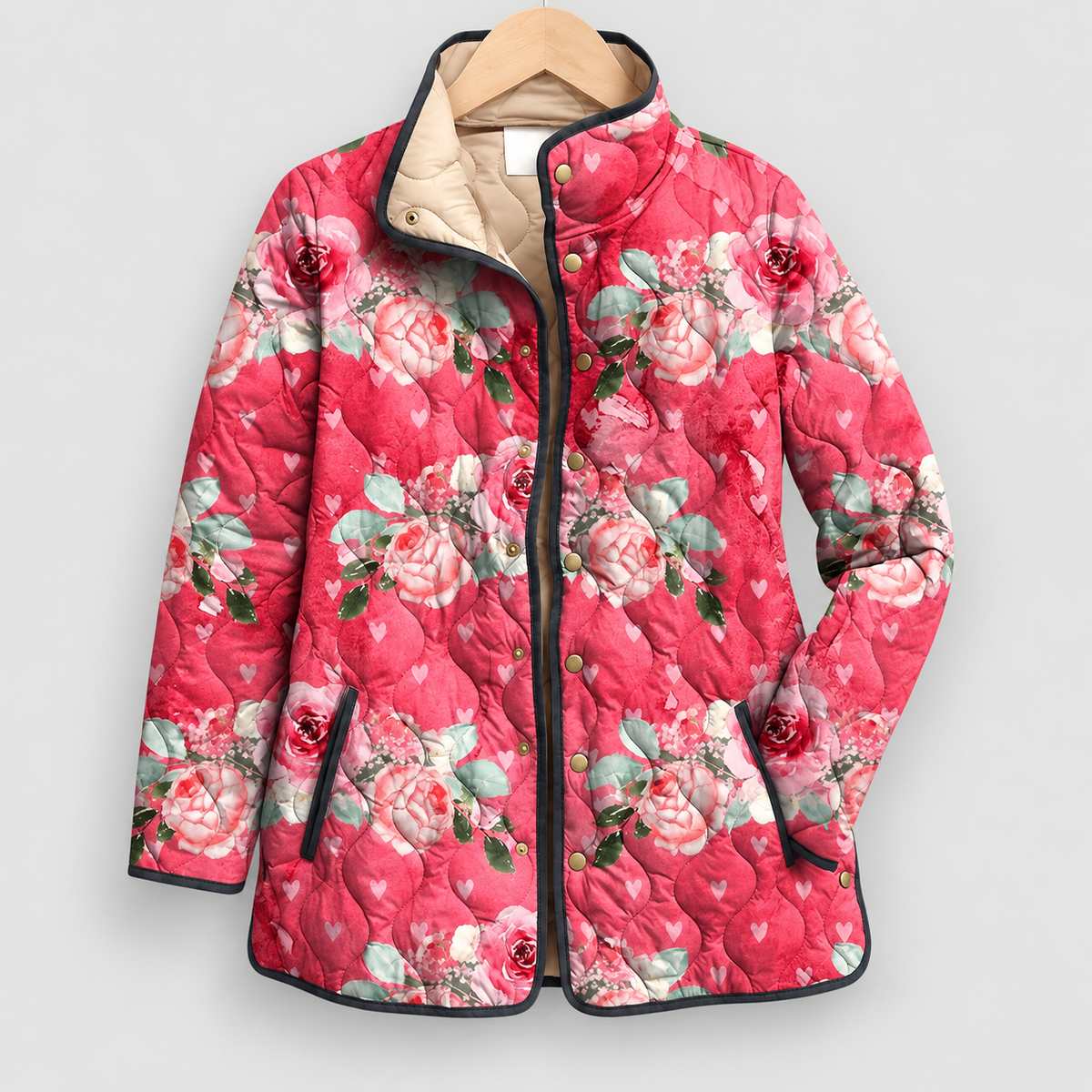 Women's Quilted Print Jacket with Stand Collar in Floral Red — view 9
