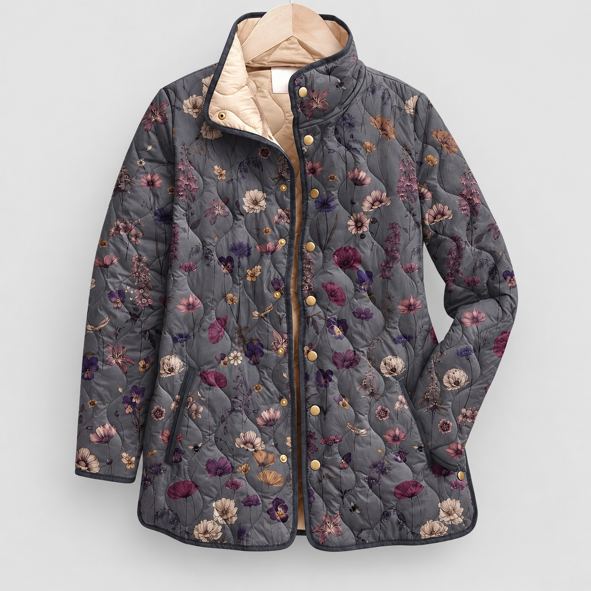 Women's Quilted Print Jacket with Stand Collar in Black-Floral Purple — view 10