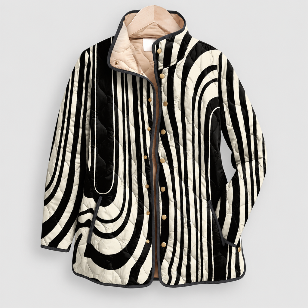 Women's Quilted Print Jacket with Stand Collar in Black-White 1 — view 11