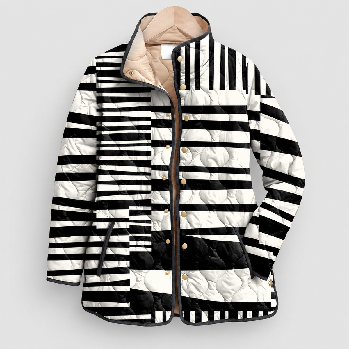 Women's Quilted Print Jacket with Stand Collar in Black-White 2 — view 12