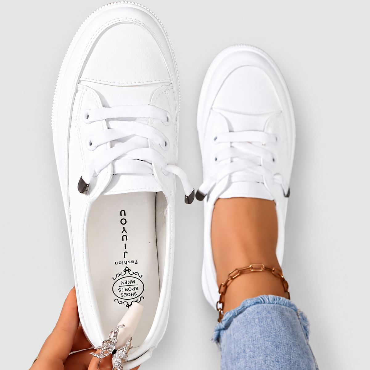 Women's Lace-Up Flat Trainers in White — view 1